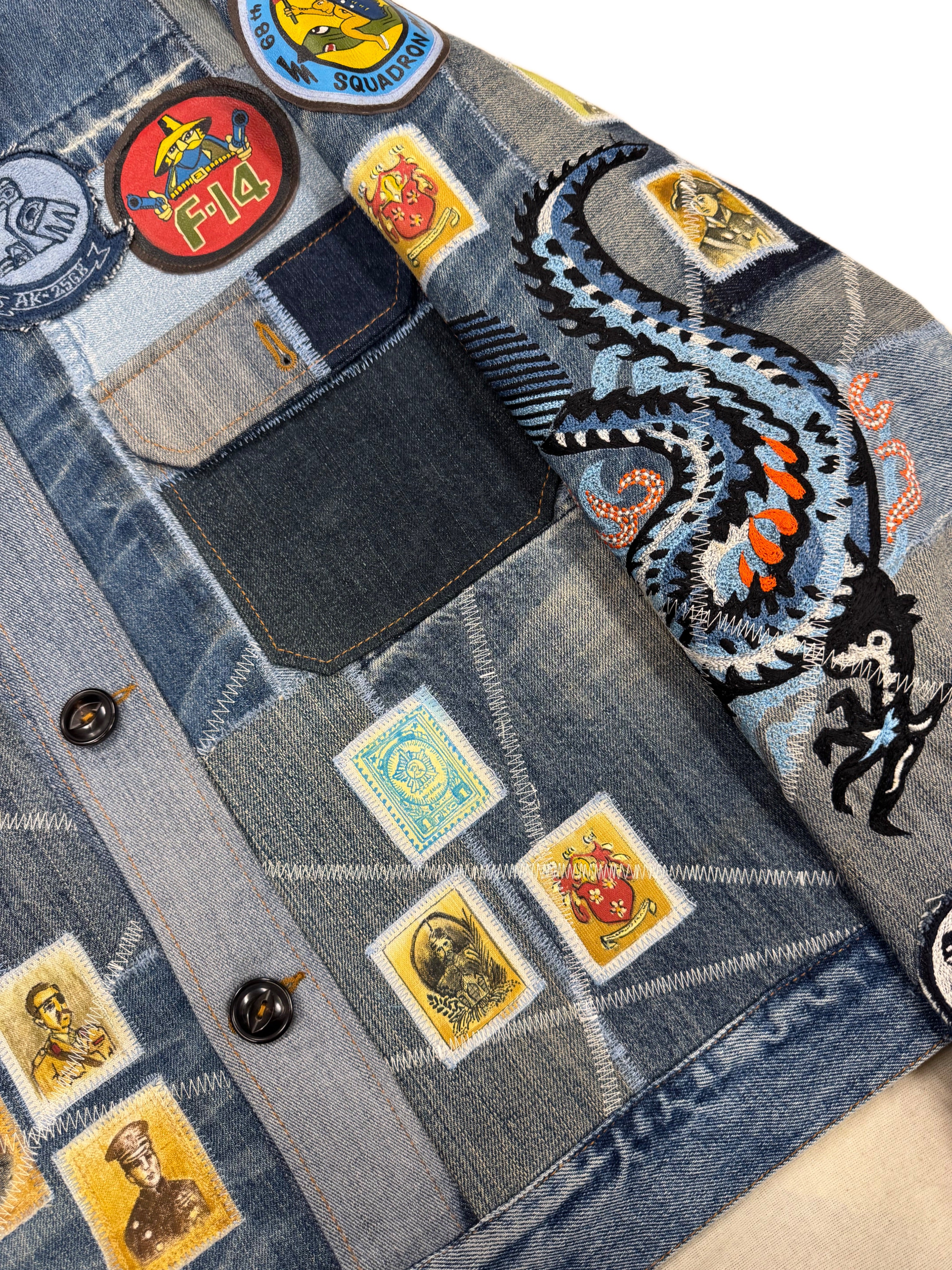 AK/PR/LOT3/JKT/048 Tribal Tiger & Dragon on Patchwork Denim Bomber Trucker Jacket - BLUE