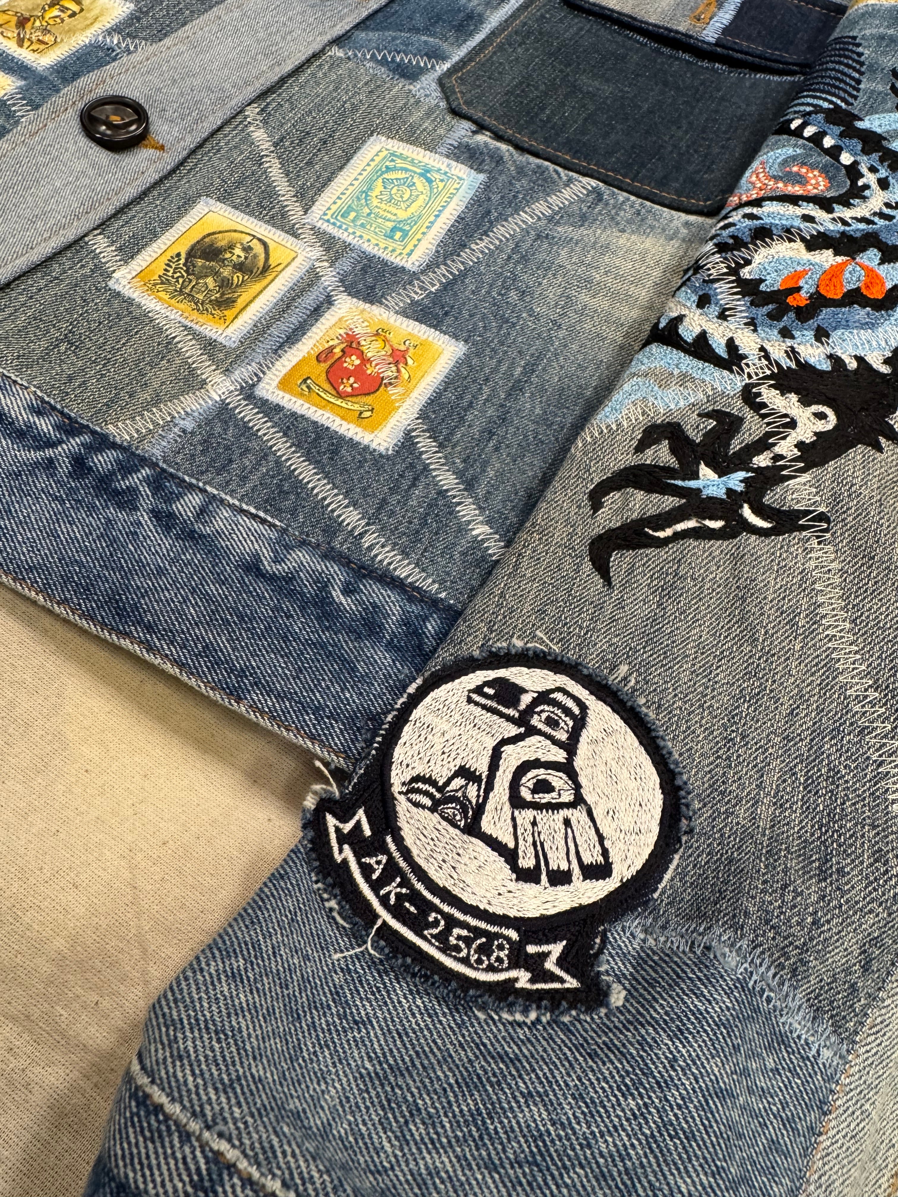 AK/PR/LOT3/JKT/048 Tribal Tiger & Dragon on Patchwork Denim Bomber Trucker Jacket - BLUE