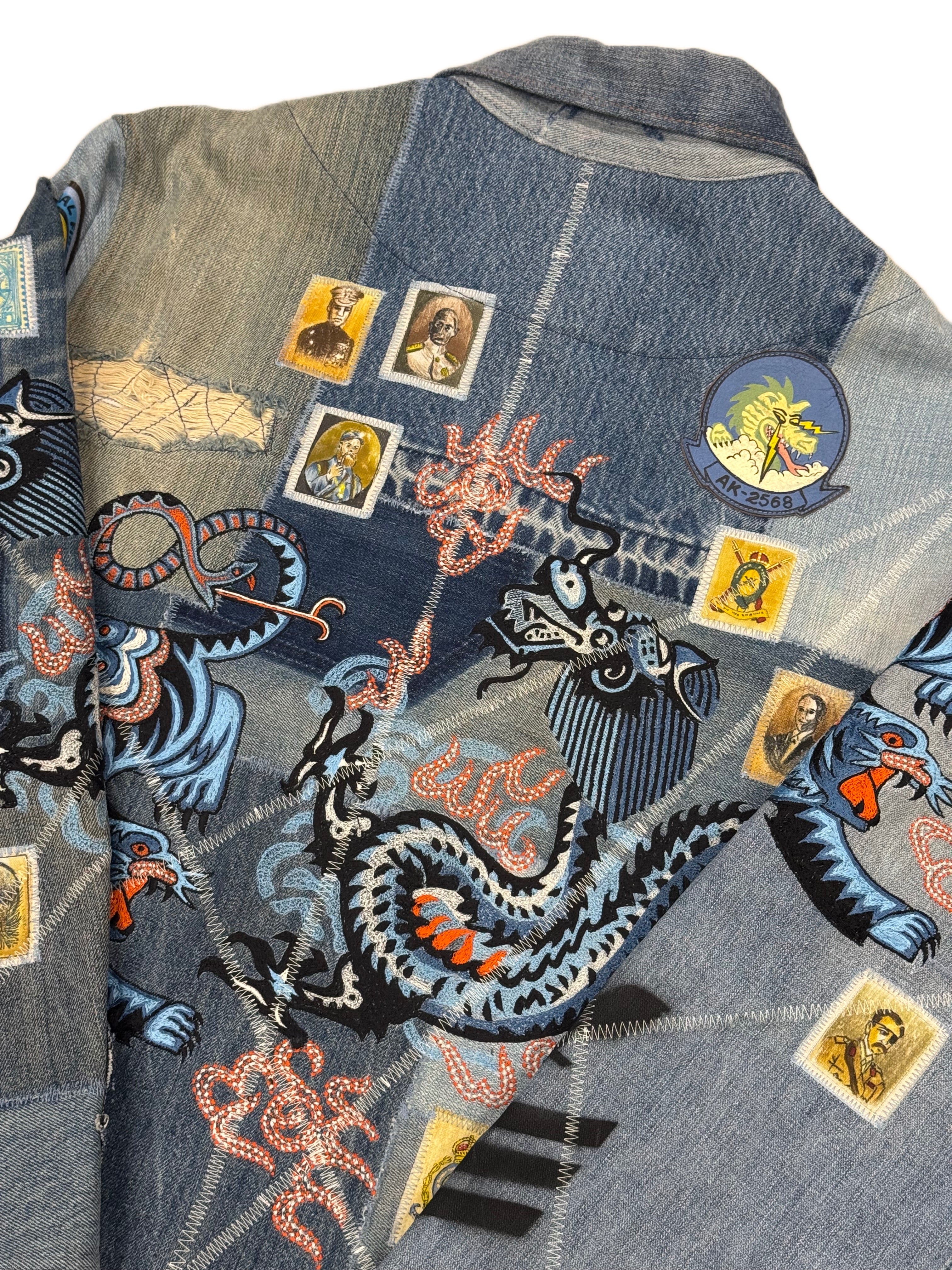 AK/PR/LOT3/JKT/048 Tribal Tiger & Dragon on Patchwork Denim Bomber Trucker Jacket - BLUE