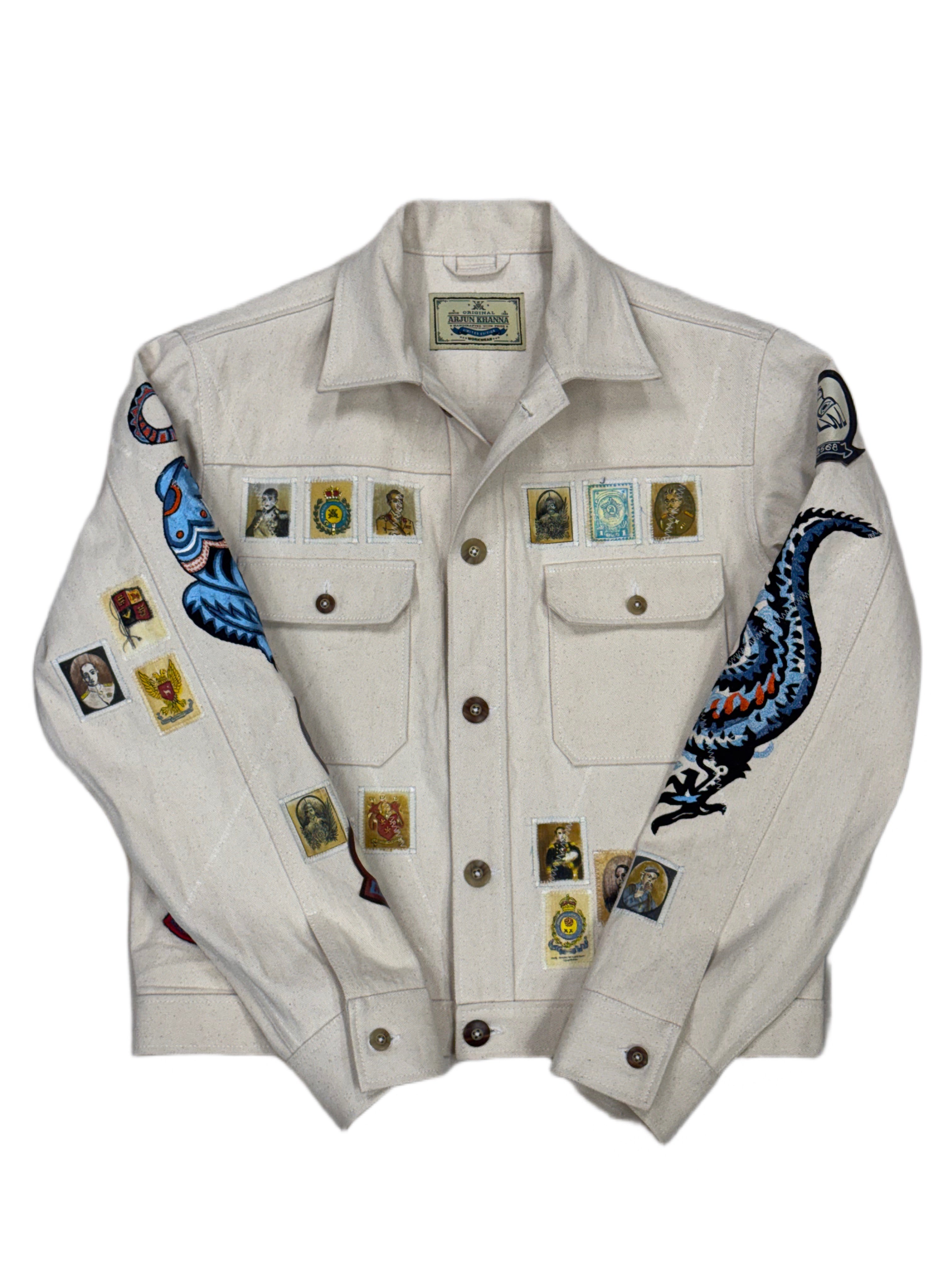 AK/PR/LOT3/JKT/047 Tribal Tiger & Dragon Denim Bomber Trucker Jacket - OFF-WHITE