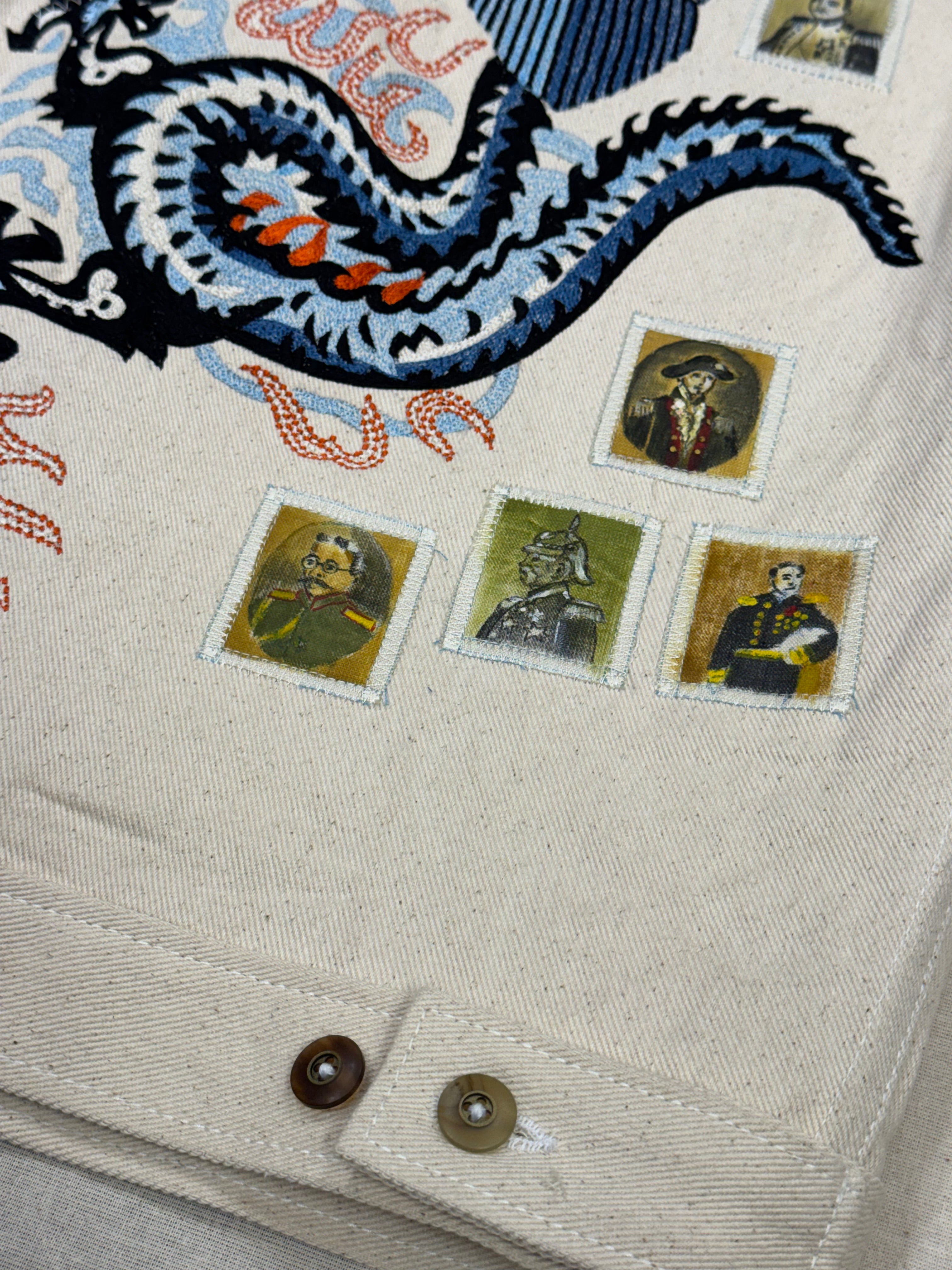 AK/PR/LOT3/JKT/047 Tribal Tiger & Dragon Denim Bomber Trucker Jacket - OFF-WHITE