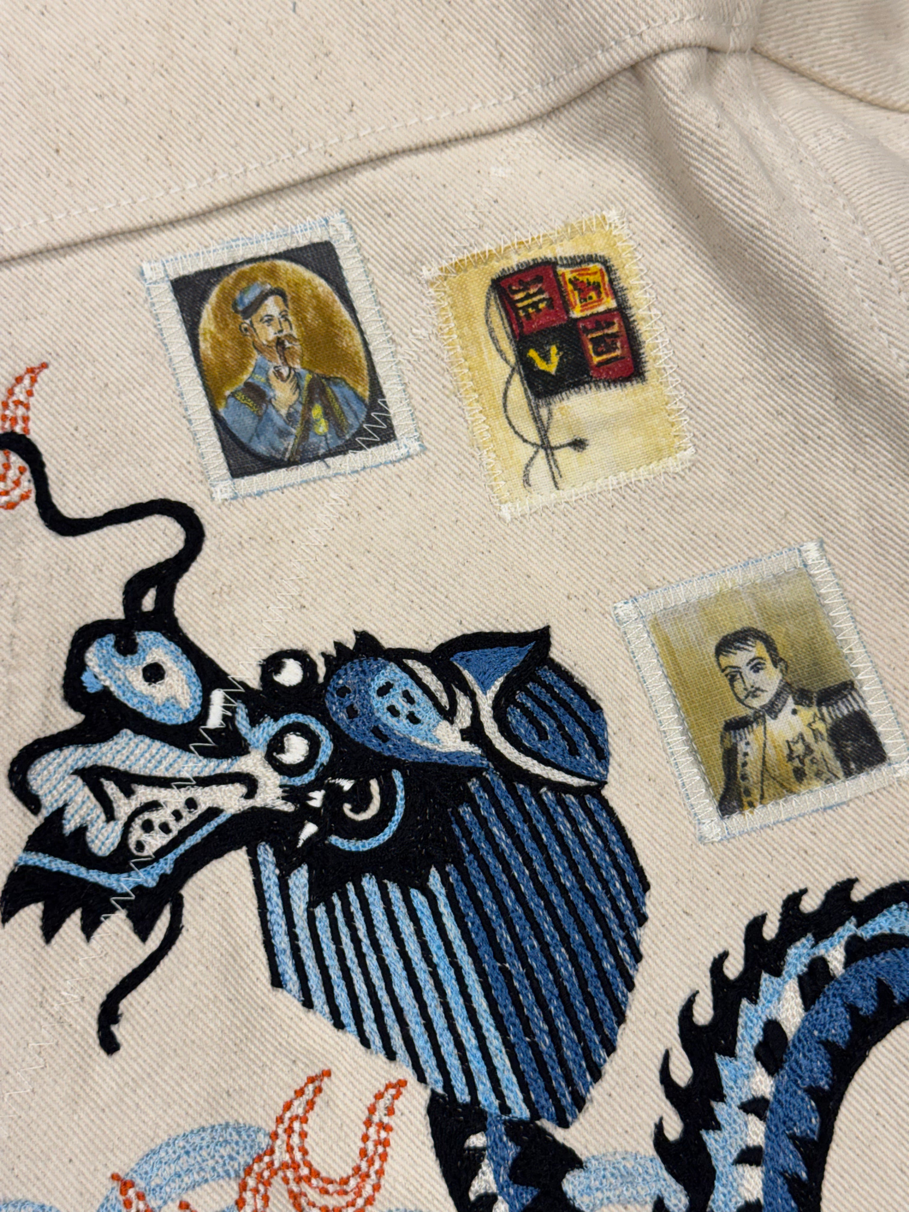 AK/PR/LOT3/JKT/047 Tribal Tiger & Dragon Denim Bomber Trucker Jacket - OFF-WHITE