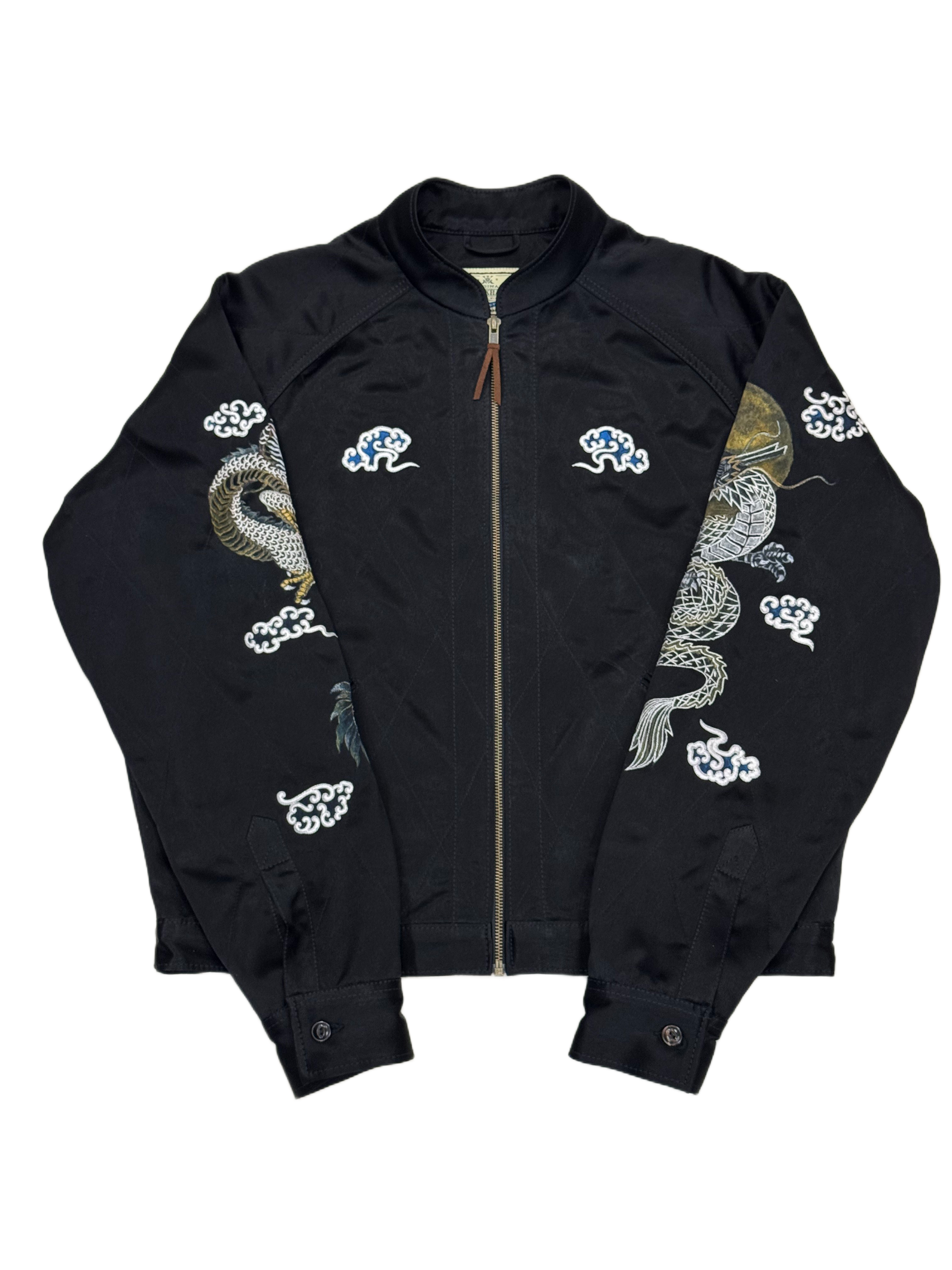 AK/PR/LOT3/JKT/054 Black Satin Hand Painted Dragon Souvenir Jacket - BLACK