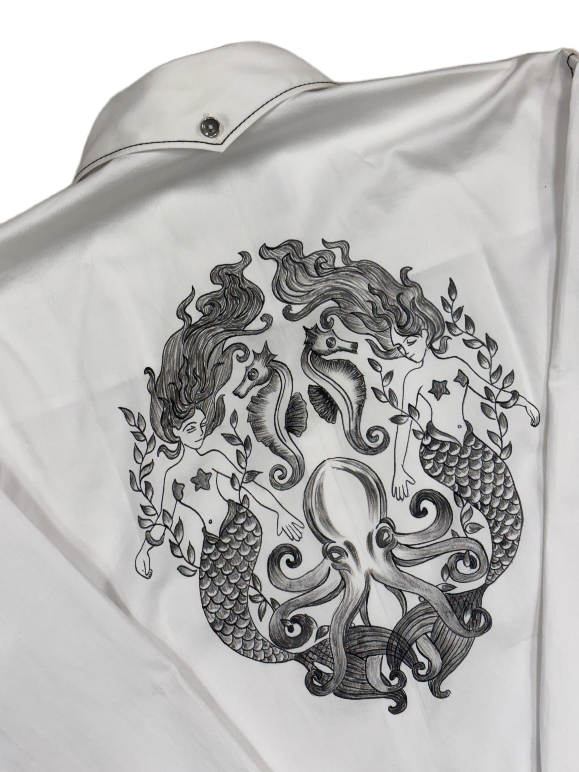AK/PR/LOT2/SHRT065 Handpainted Mermaid on back and black contrast stiching - WHITE