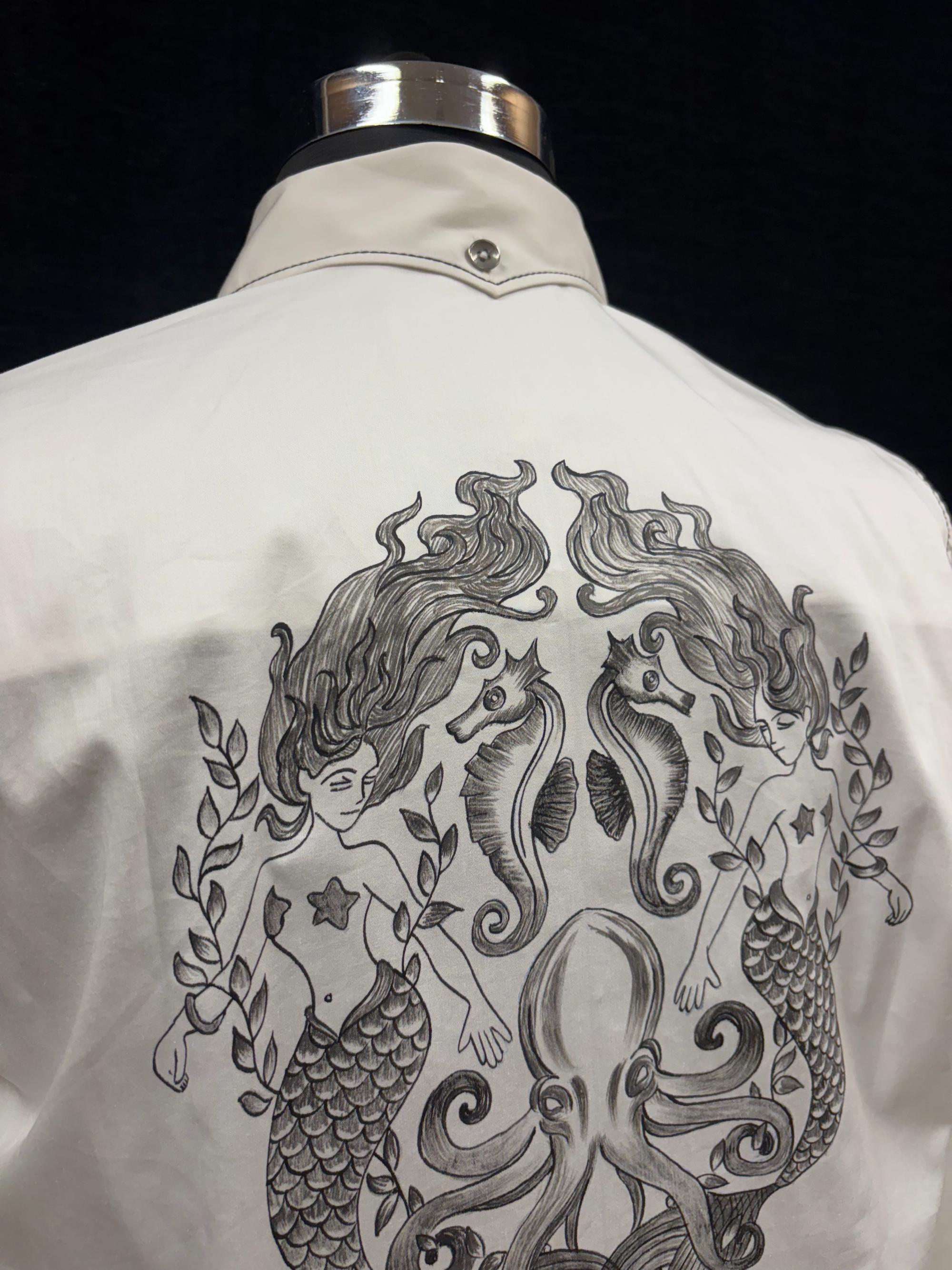AK/PR/LOT2/SHRT065 Handpainted Mermaid on back and black contrast stiching - WHITE