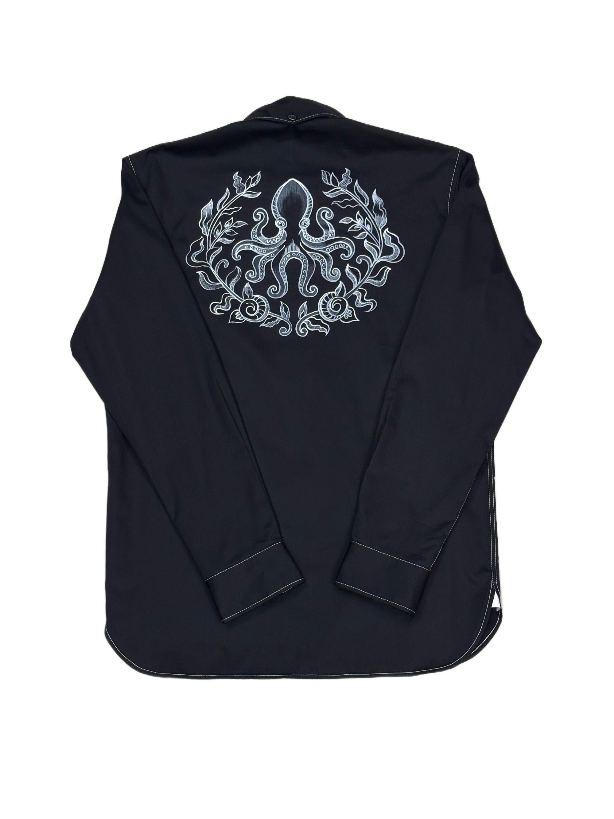 AK/PR/LOT2/SHRT068 Handpainted Octopus & Coral on Back and white contrast stiching - BLACK