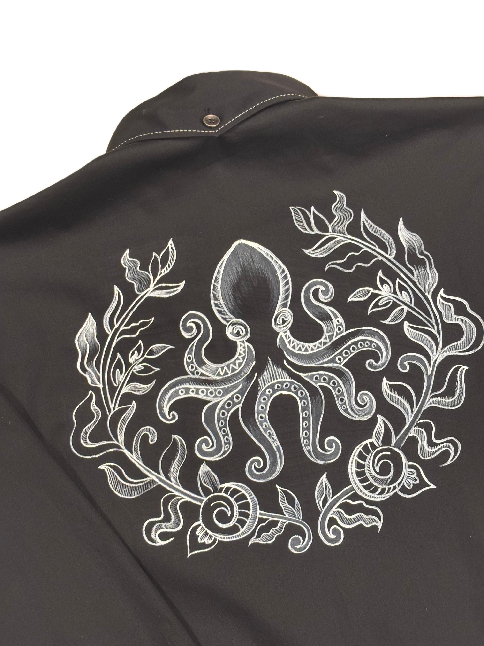 AK/PR/LOT2/SHRT068 Handpainted Octopus & Coral on Back and white contrast stiching - BLACK