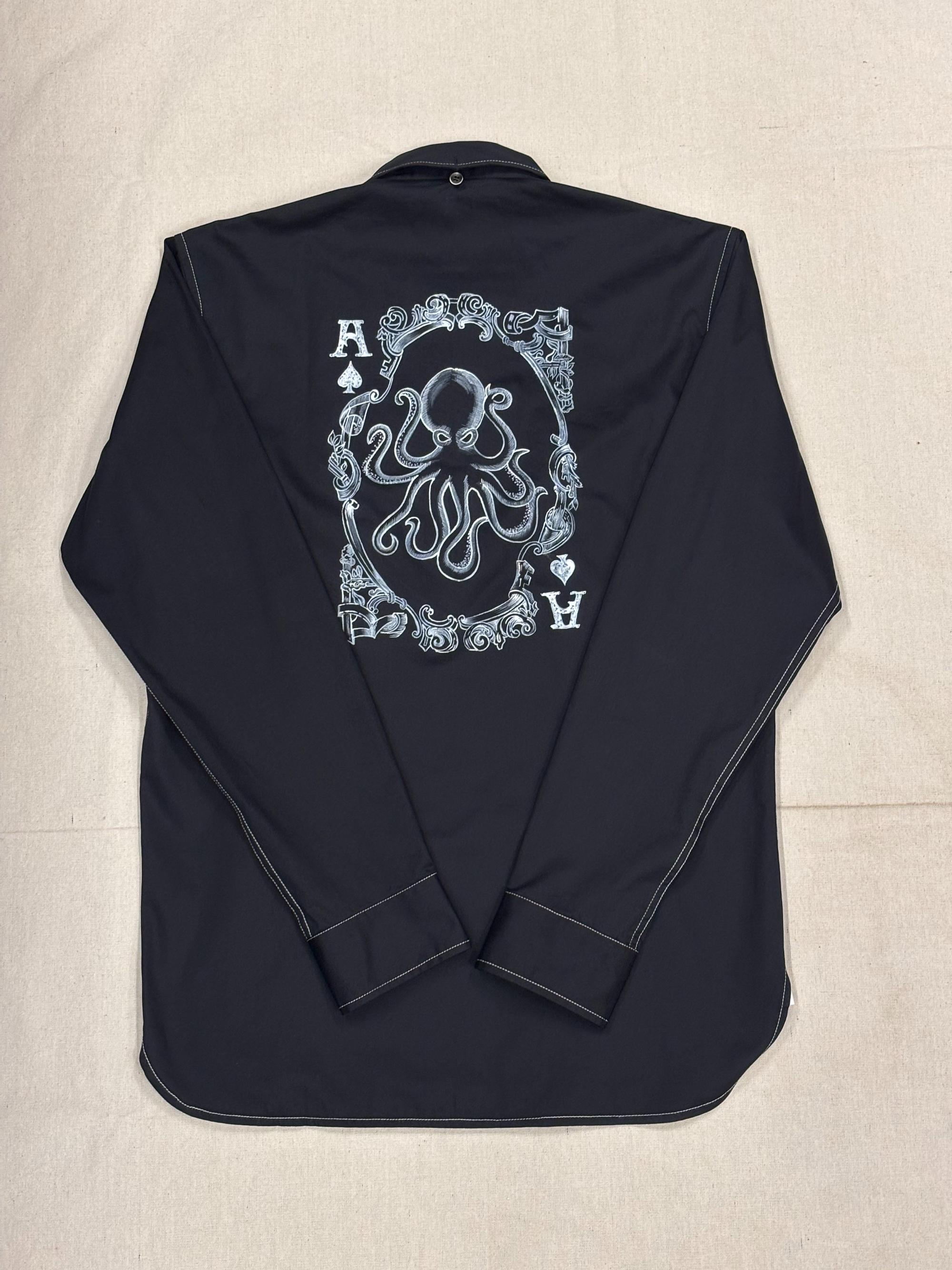 AK/PR/LOT2/SHRT067 Handpainted A Octopus Card on Back and white contrast stiching - BLACK