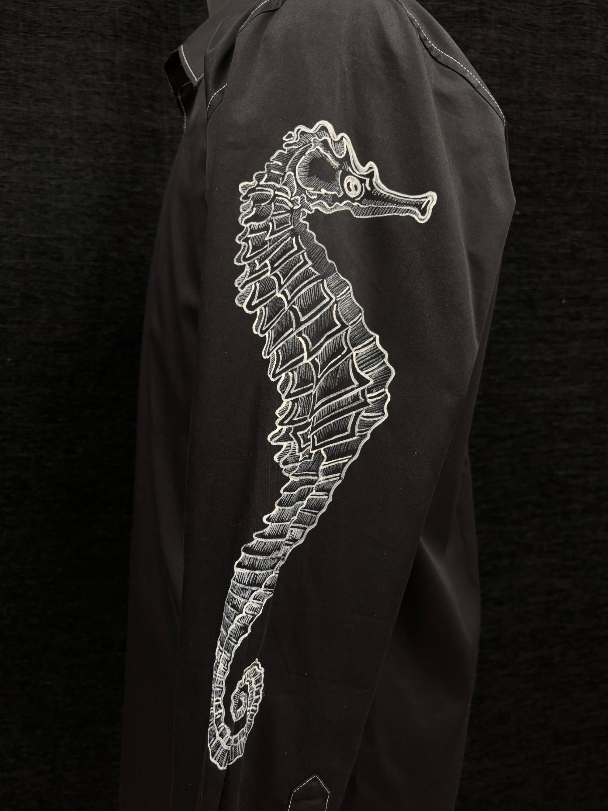 AK/PR/LOT2/SHRT066 Handpainted Seahorse on sleeves and white contrast stiching - BLACK