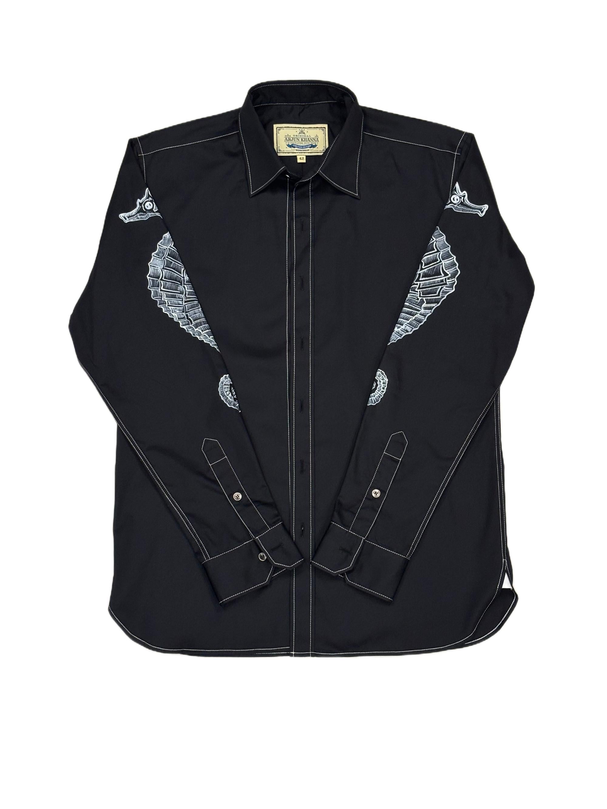 AK/PR/LOT2/SHRT066 Handpainted Seahorse on sleeves and white contrast stiching - BLACK