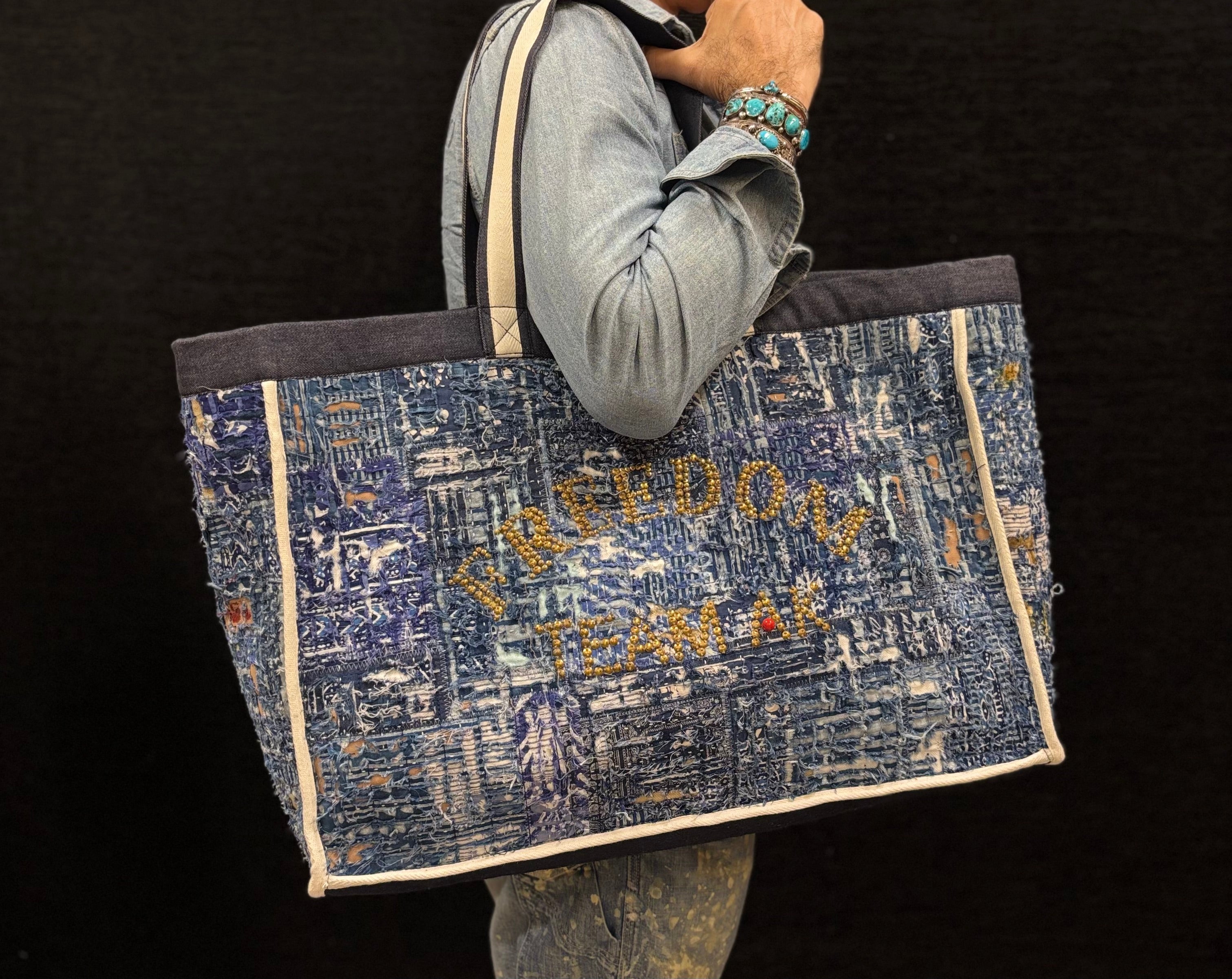 AK/PR/LOT3/ACC/035 The XXL Denim All-Over Distressed Boro Tote - BLUE