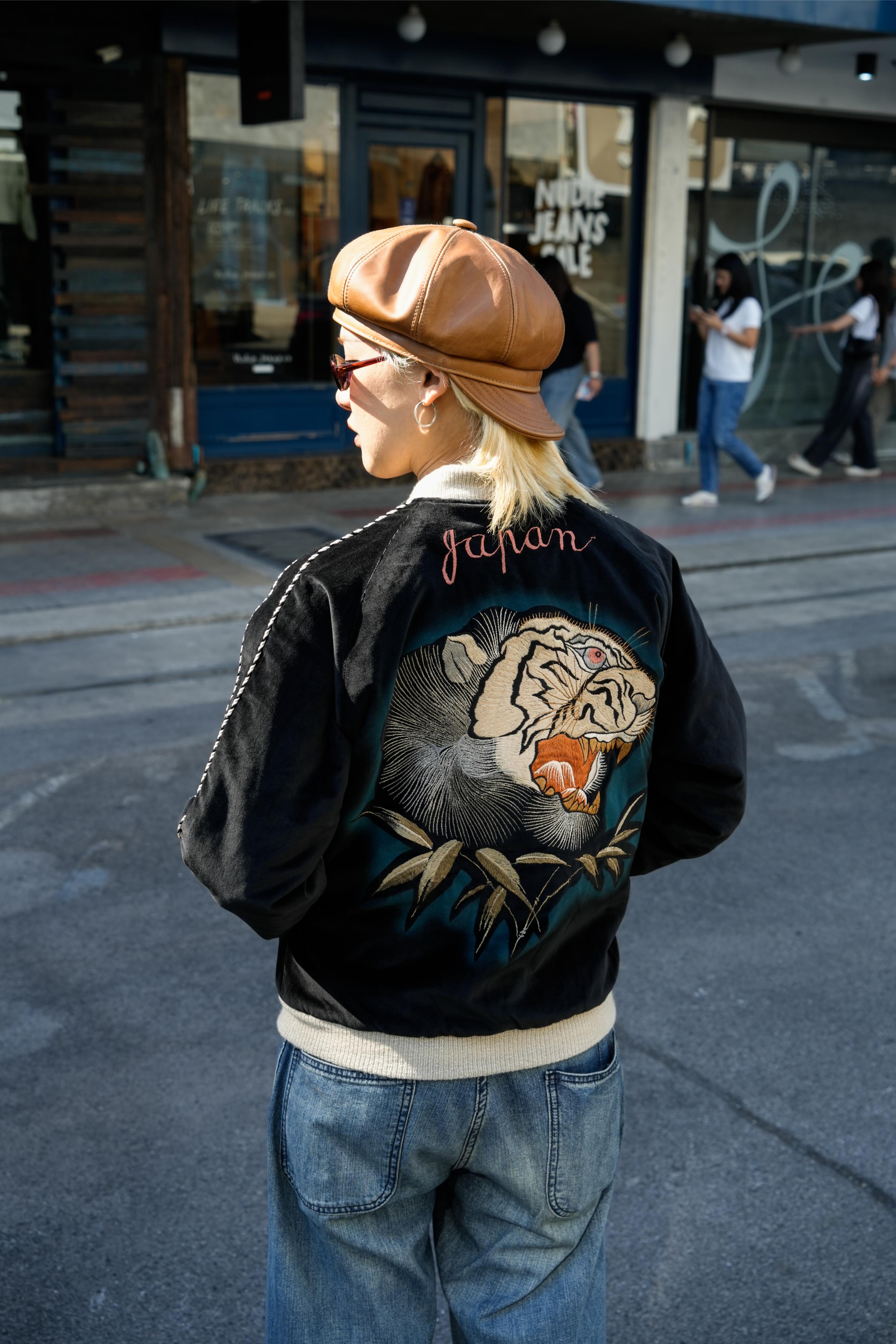 TT15809-119 Mid 1950s Style Velveteen × Acetate Quilted Souvenir Jacket “Stencil Paint” TOYO ENTERPRISE 60th Anniversary Special Edition “TIGER HEAD” × “EAGLE” - BLACK/GREEN