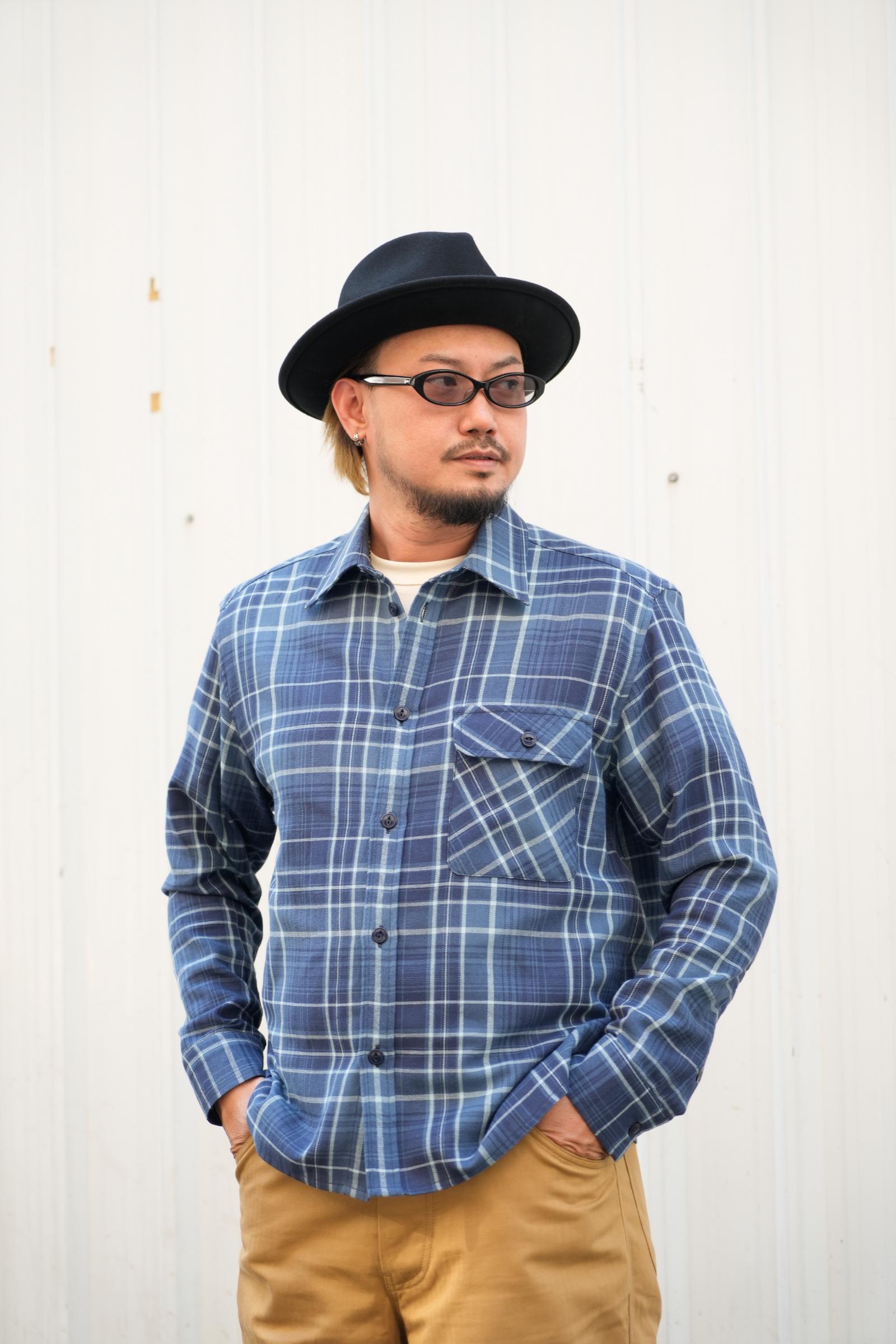 Open Collar Shirt - Blue Check