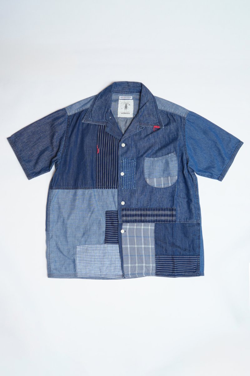 INDIGO MIX FABRIC PATCHWORK S/S OPEN SHIRT - INDIGO