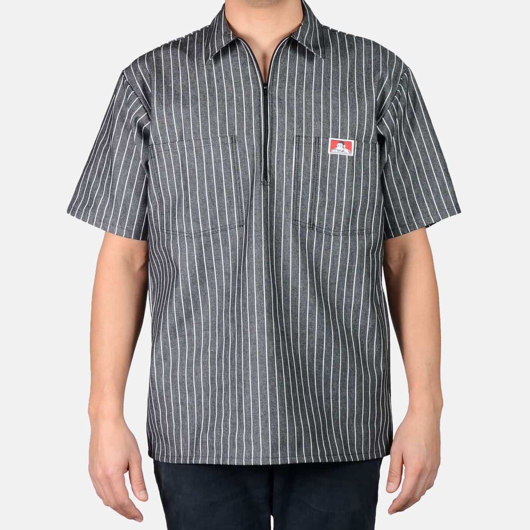 SHORT SLEEVE STRIPE  1/2 ZIP - BUTCHER BLOCK BLACK