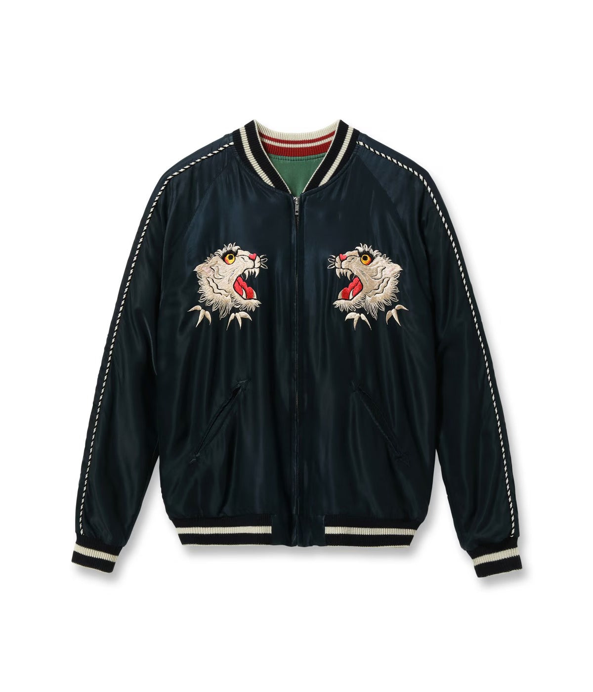 TT15878-119 Mid 1950s Style Acetate Souvenir Jacket “TIGER HEAD” X“CHEVY LOVER” (AGING MODEL) - BLACK/GREEN