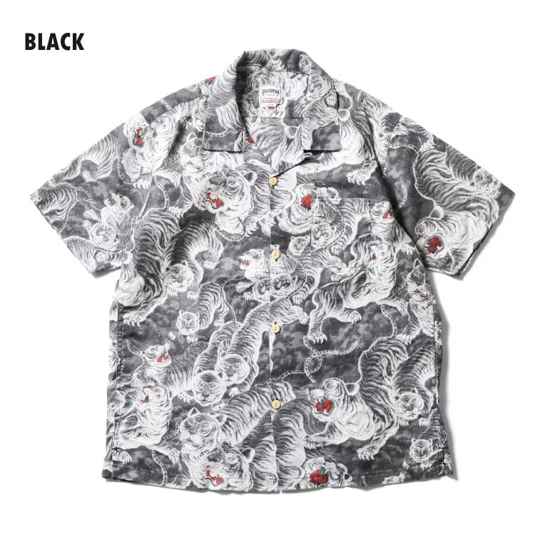 41356 LINEN ALOHA SHIRT (HUNDRED TIGERS) - BLACK