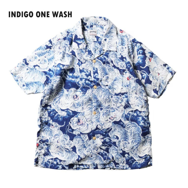41356 LINEN ALOHA SHIRT (HUNDRED TIGERS) - INDIGO ONE WASH
