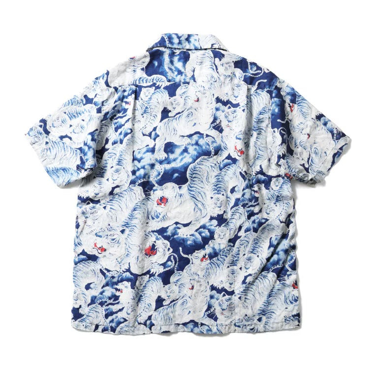 41356 LINEN ALOHA SHIRT (HUNDRED TIGERS) - INDIGO ONE WASH