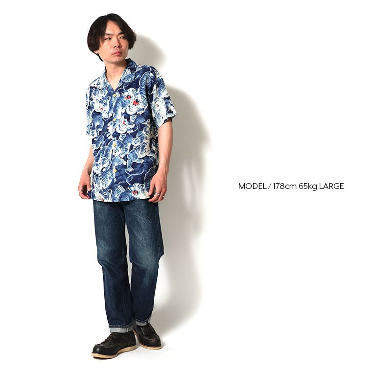 41356 LINEN ALOHA SHIRT (HUNDRED TIGERS) - INDIGO ONE WASH