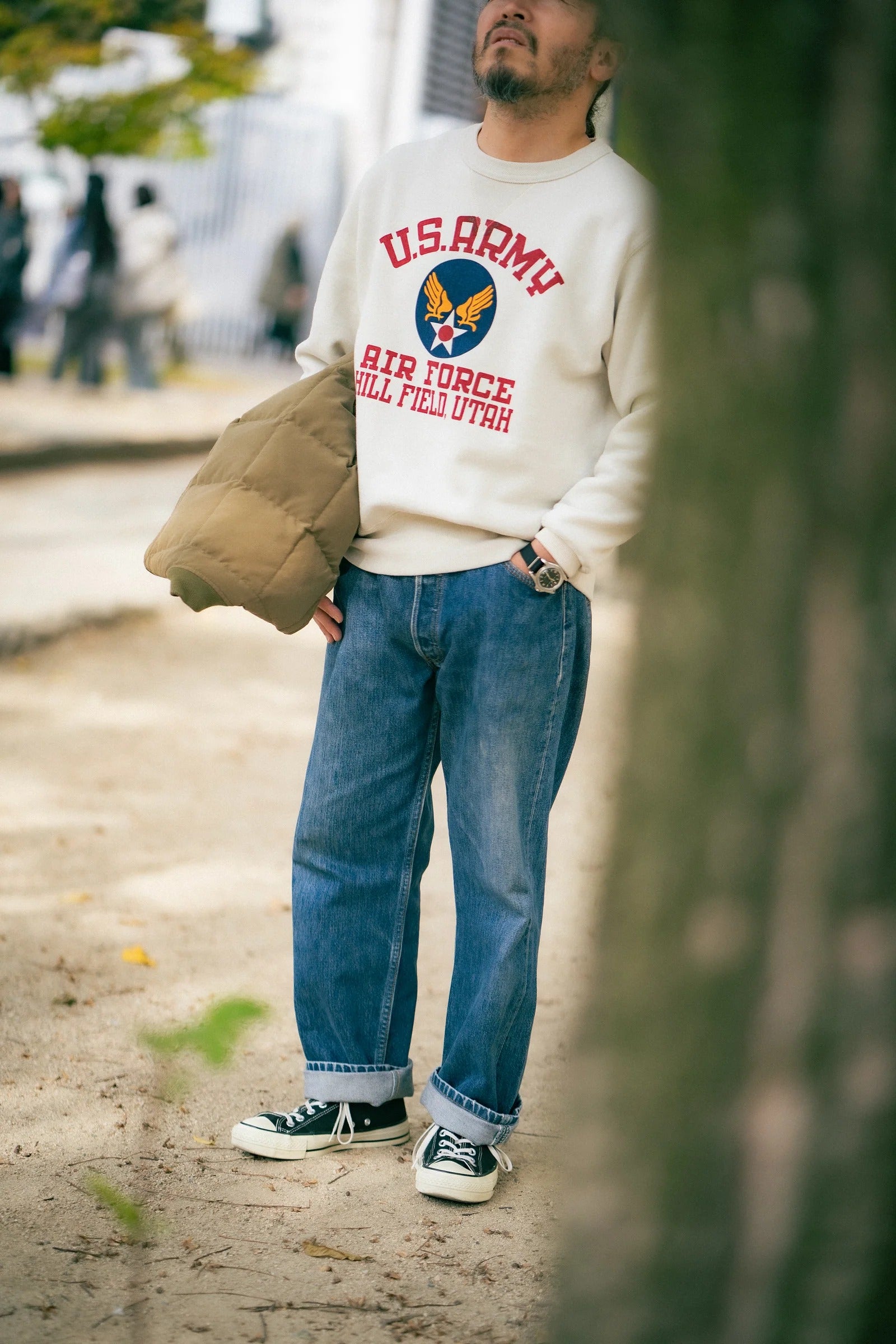 MC25123 MILITARY PRINT SWEATSHIRT / U.S. ARMY AIR FORCE, HILL FIELD - MILK