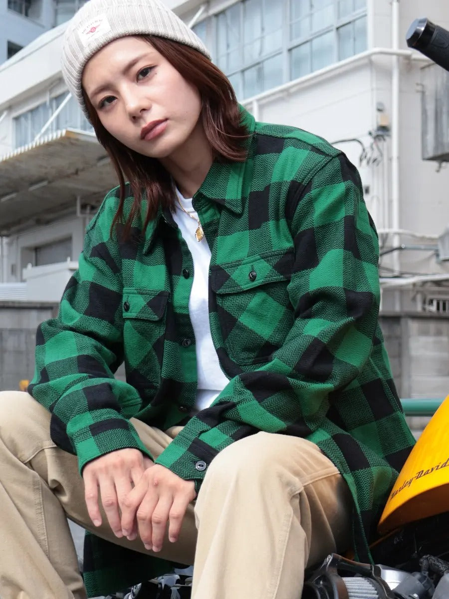 FN-SNR-101L SHIRT - BLOCK CHECK FLANNEL - BLACK x GREEN