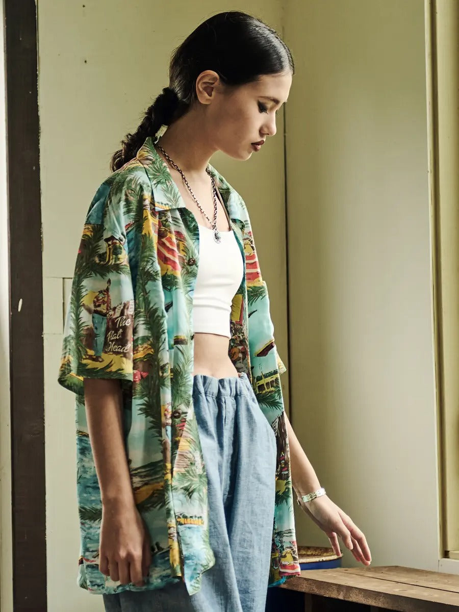 FN-SHO-009S HAWAIIAN SHIRT - PICTURE S/S - BLUE