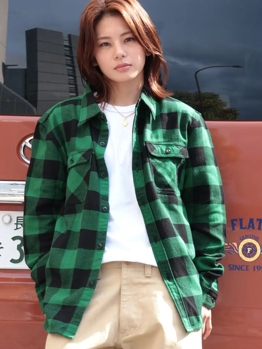 FN-SNR-101L SHIRT - BLOCK CHECK FLANNEL - BLACK x GREEN