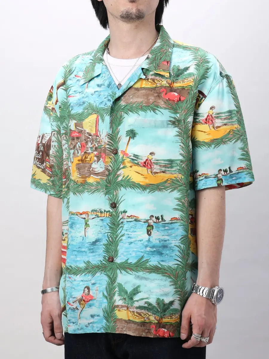 FN-SHO-009S HAWAIIAN SHIRT - PICTURE S/S - BLUE