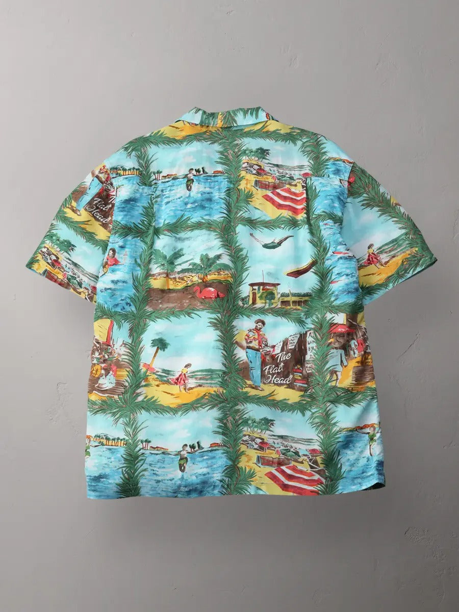FN-SHO-009S HAWAIIAN SHIRT - PICTURE S/S - BLUE