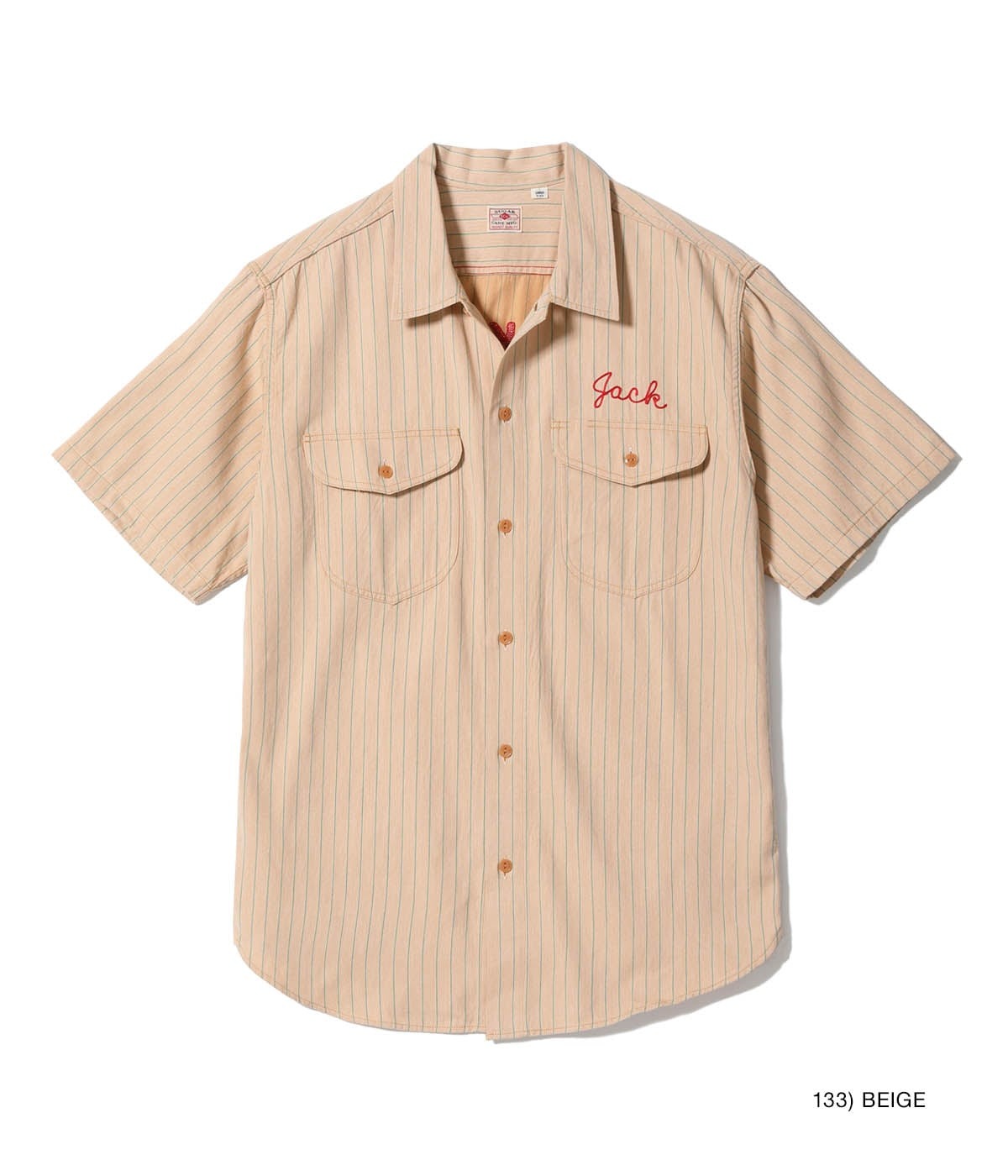 SC39528 COKE STRIPE WORK SHIRT WITH CHAIN EMBROIDERED - BEIGE