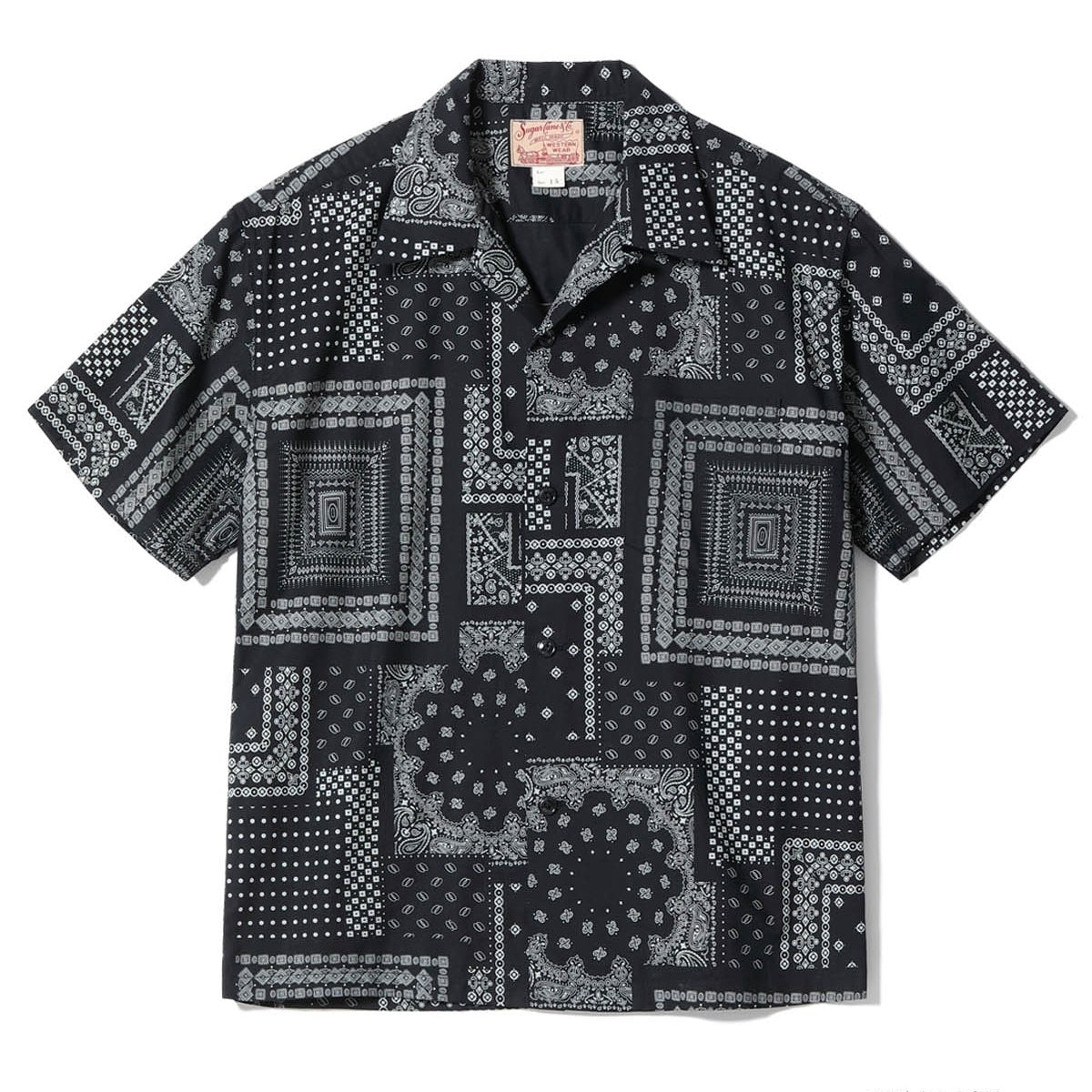 SC39465 NATIVE AMERICAN BANDANA PATCHWORK PRINT OPEN SHIRT - BLACK