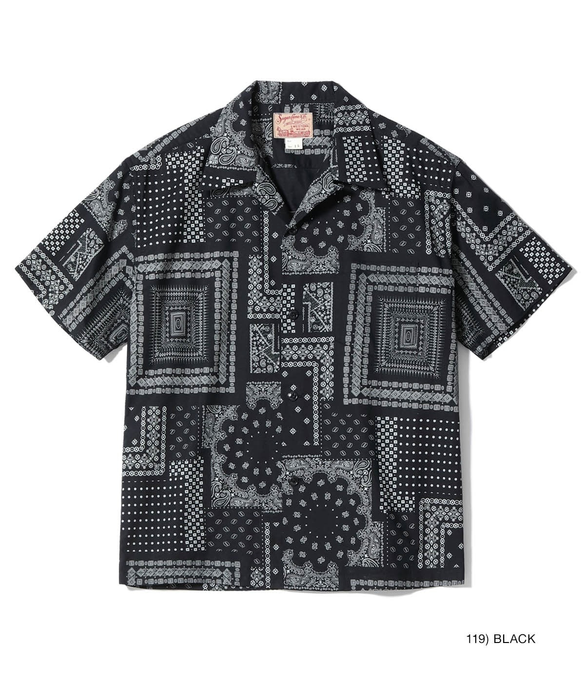SC39465 NATIVE AMERICAN BANDANA PATCHWORK PRINT OPEN SHIRT - BLACK