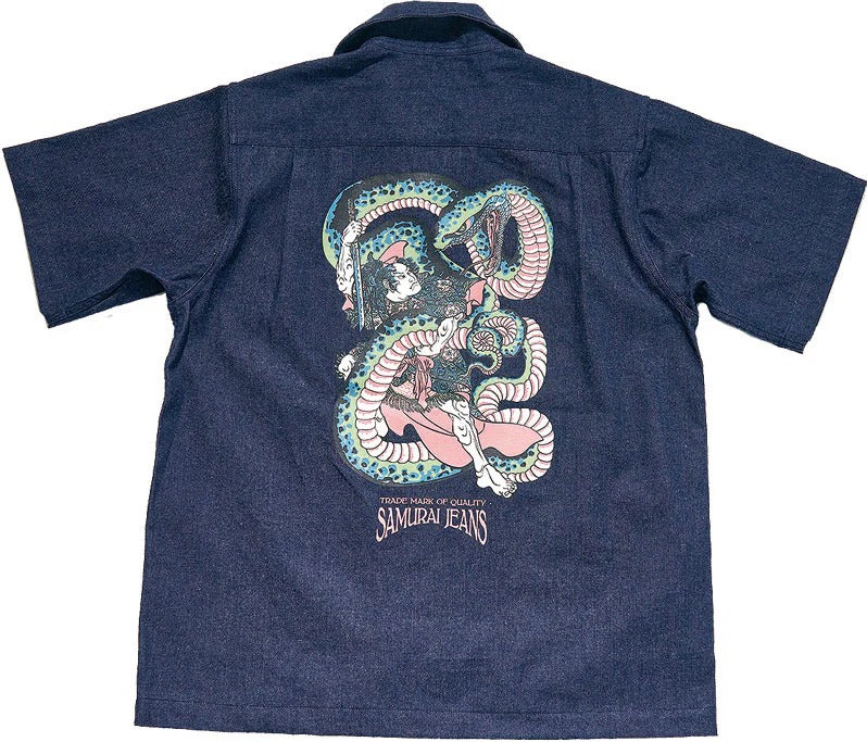 SSA25-02 "MUSHA-E" PRINTED DENIM SHIRT - INDIGO