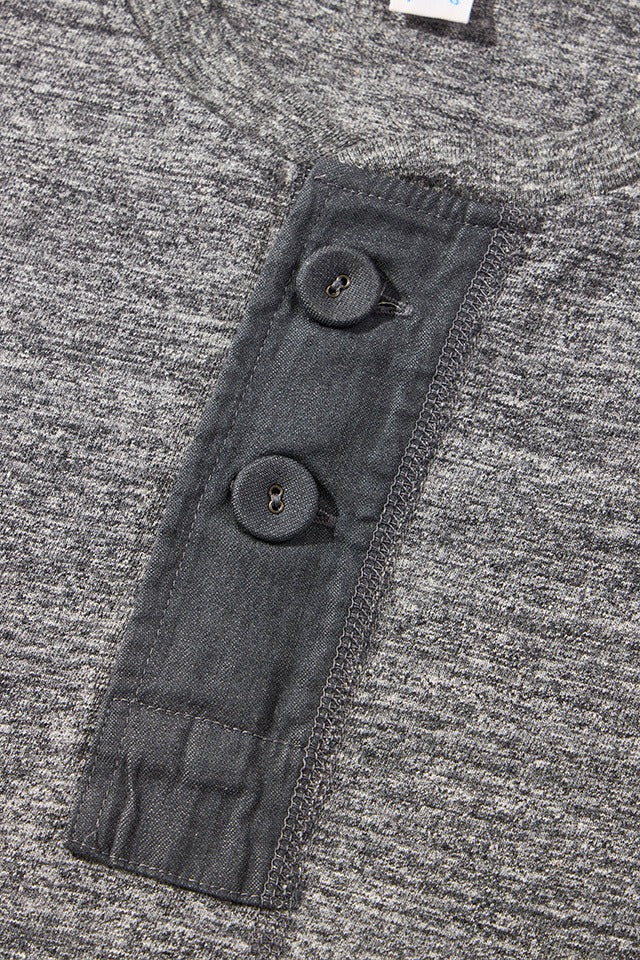 SS-5397-DGY] Ribbed Cuff Henley Neck T-shirt - Dark Heather Gray