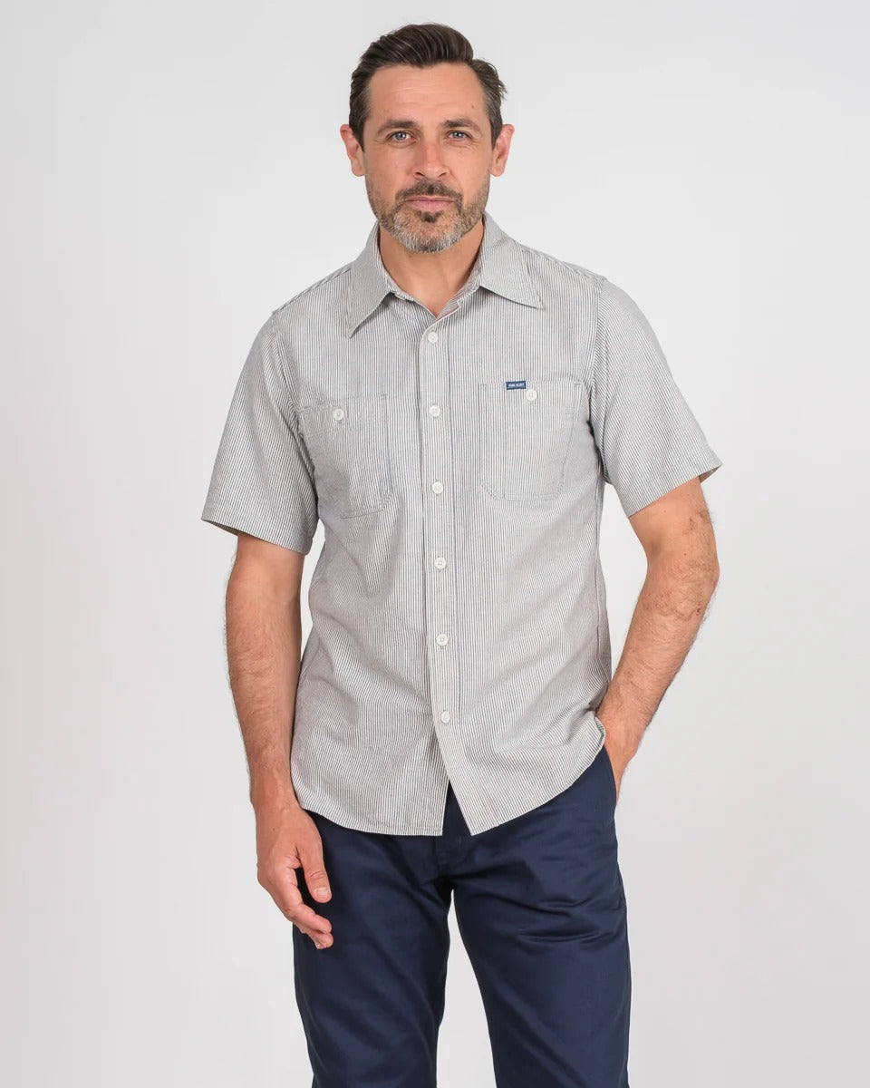 IHSH-420 5oz Selvedge Ox Cloth Short Sleeved Work Shirt - HICKORY STRIPE