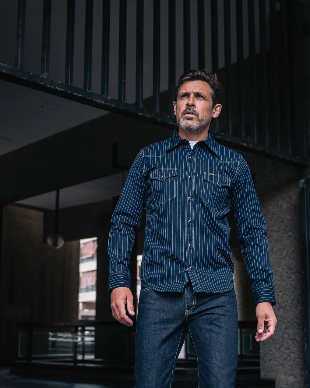 IHSH-424-IND 8.5OZ HERRINGBONE STRIPE WESTERN SHIRT - INDIGO