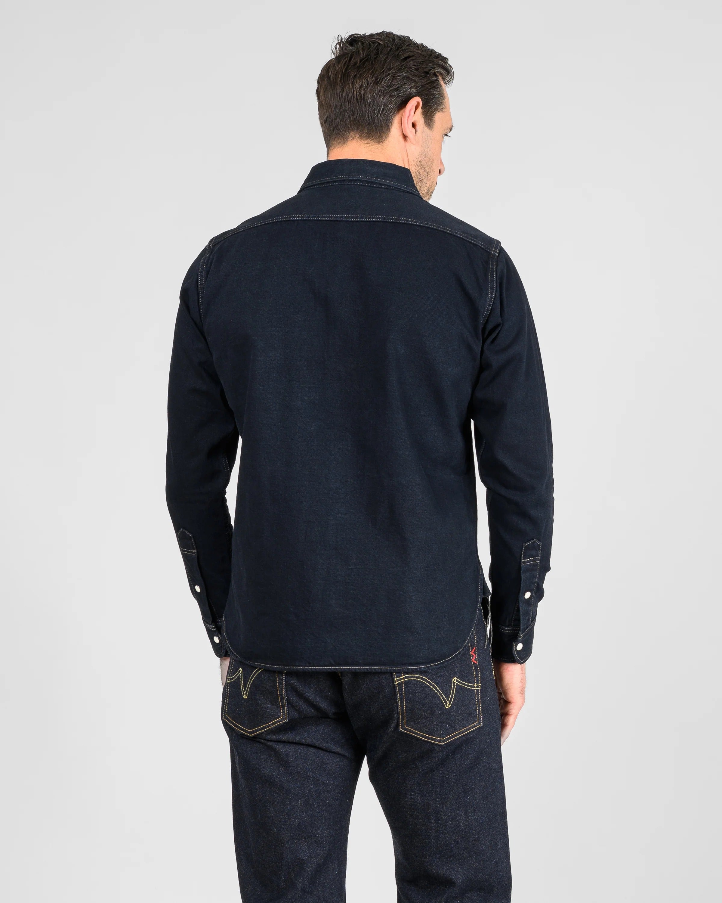 IHSH-326-OD 12OZ SELVEDGE DENIM WORK SHIRT WITH SNAPS - INDIGO OVERDYED BLACK
