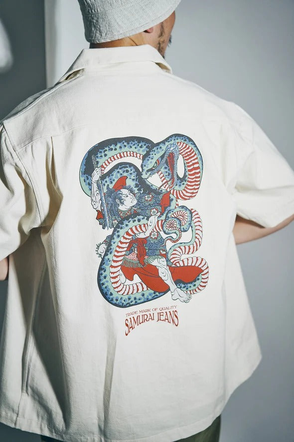 SSA25-02 "MUSHA-E" PRINTED DENIM SHIRT - ECRU