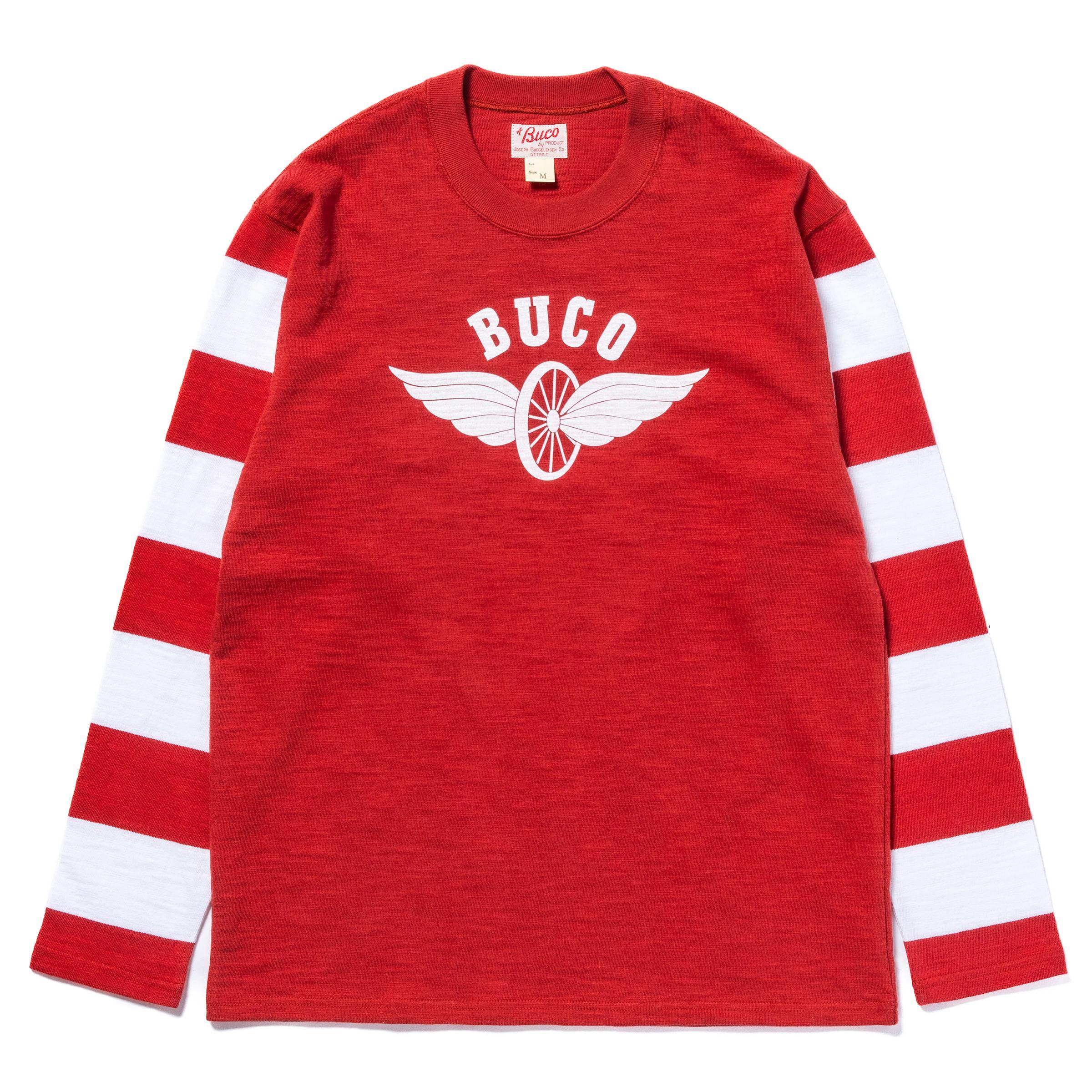 BC25001 BUCO STRIPED SLEEVE TEE / FLYING WHEEL - WHITE/CHERRY
