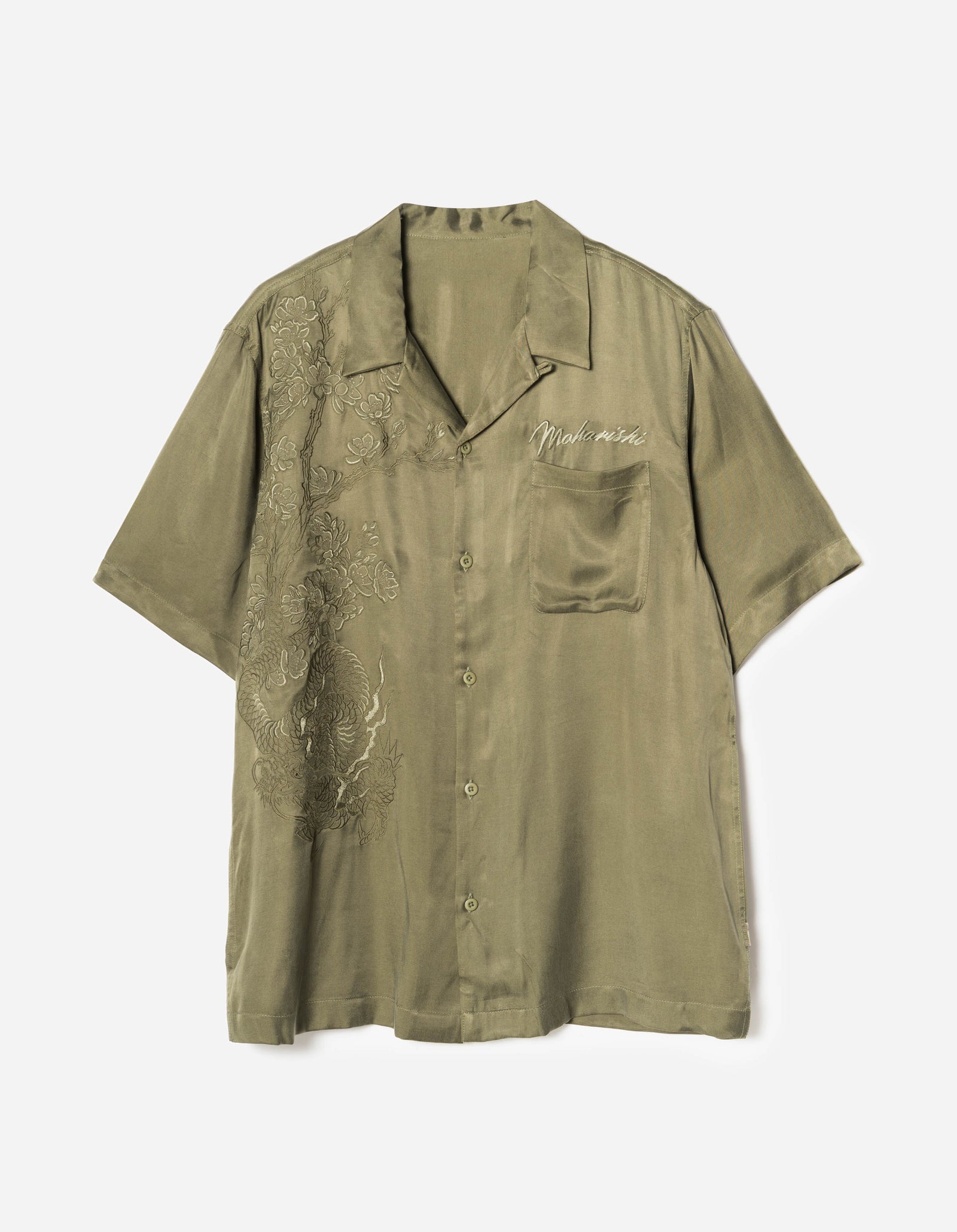 7364 Sakura Dragon Camp Collar Shirt - OLIVE OG-107F